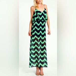Almost Famous Adjustable Spaghetti Strap Mint & Navy Chevron Maxi Dress. Size L.